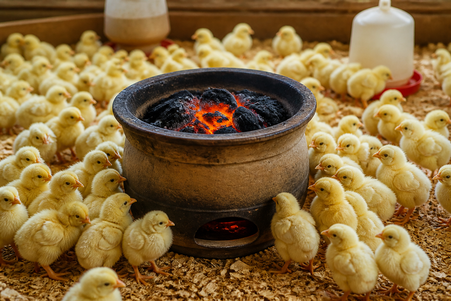 Coal pot heater surrounded by day-old chicks in a poultry brooder